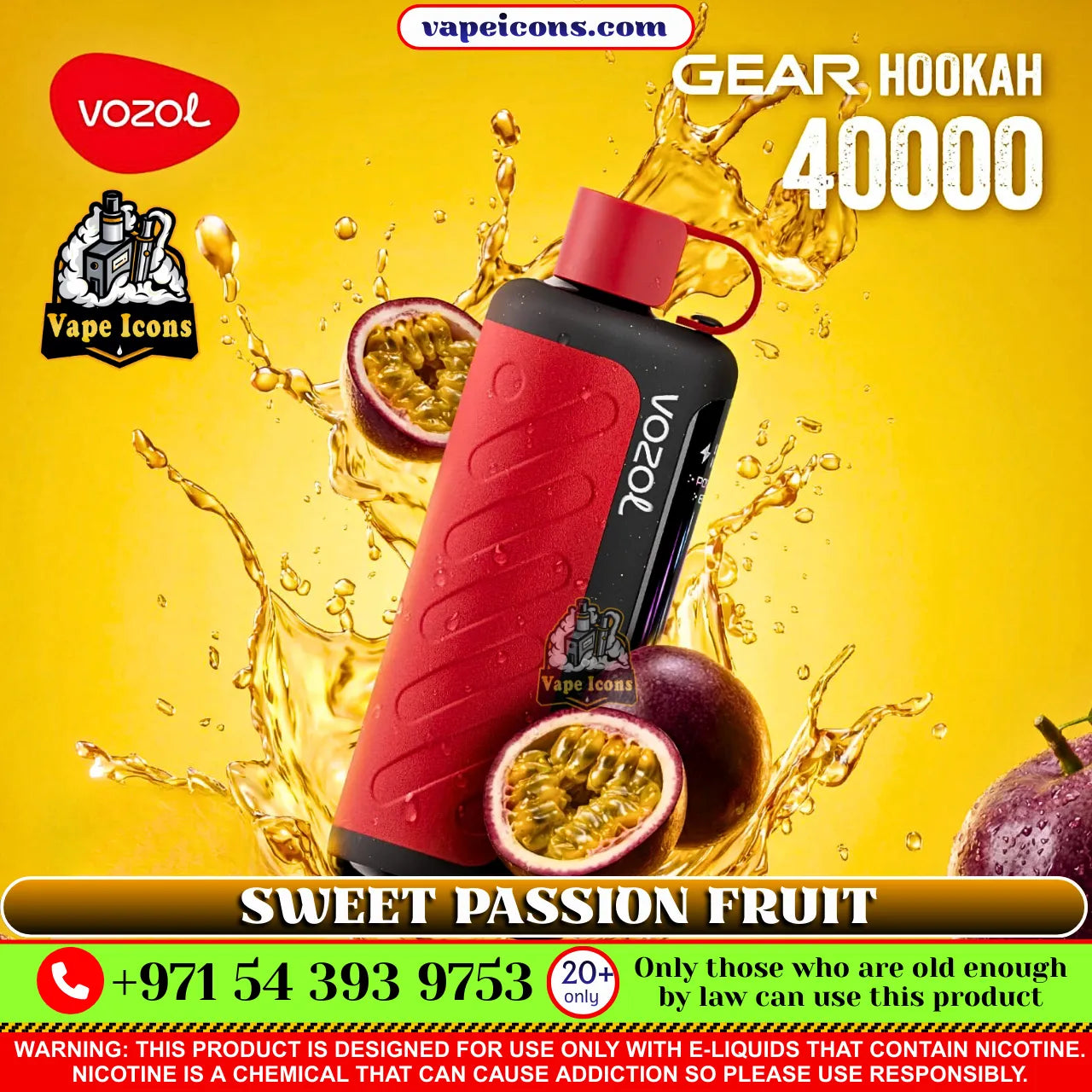 VOZOL Gear Hookah 40k Puffs Rechargeable Disposable vape device with passion fruit on a yellow background 