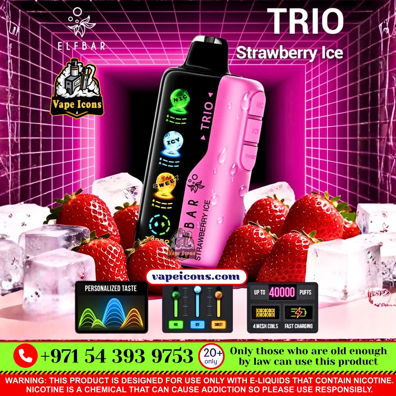 ELFBAR TRIO 40K PUFFS RECHARGEABLE DSPOSABLE In Dubai, Vape Motor City, Vape Shop JVC, Vape Shop Near Me, Best Diposable, Long Lasing Diposable, Mix Berry, Strawberry Watermelon, Blueberry Ice, Peach Mango, Double Mango, Peach Ice, Blueberry Raspberry Ice, Pineapple Passion Fruit Guava, Strawberry Mango, Lychee Juicy Peach, Grape Ice, Strawberry Ice, Strawberry Kiwi, Peach Mango Watermelon, Mango Ice, VCT. Vape device with strawberry ice flavor on a pink grid background, featuring Eleaf Bar branding.