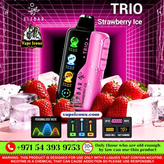ELFBAR TRIO 40K PUFFS RECHARGEABLE DSPOSABLE In Dubai, Vape Motor City, Vape Shop JVC, Vape Shop Near Me, Best Diposable, Long Lasing Diposable, Mix Berry, Strawberry Watermelon, Blueberry Ice, Peach Mango, Double Mango, Peach Ice, Blueberry Raspberry Ice, Pineapple Passion Fruit Guava, Strawberry Mango, Lychee Juicy Peach, Grape Ice, Strawberry Ice, Strawberry Kiwi, Peach Mango Watermelon, Mango Ice, VCT. Vape device with strawberry ice flavor on a pink grid background, featuring Eleaf Bar branding.