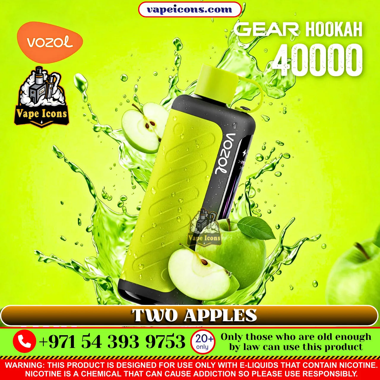 VOZOL vape device with green apples on a bright green background, featuring Vape Icons branding.