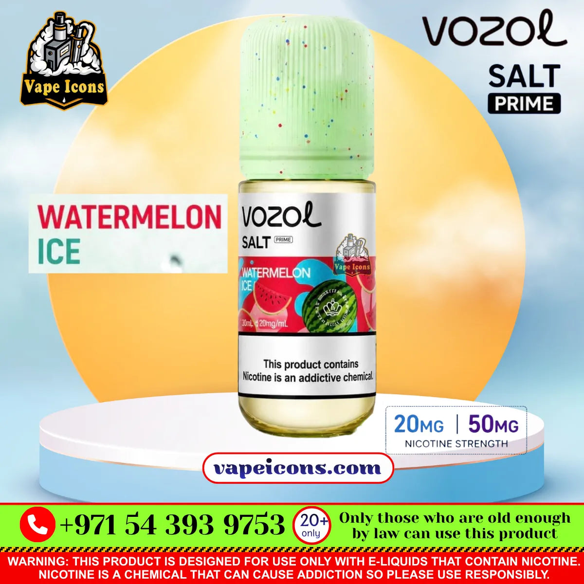 Vozol Salt-Nic Prime E-Liquid 20Mg & 50Mg Watermelon Ice e-liquid bottle centered on a stylized blue and yellow background with promotional text and warning labels.