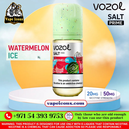 Vozol Salt-Nic Prime E-Liquid 20Mg & 50Mg Watermelon Ice e-liquid bottle centered on a stylized blue and yellow background with promotional text and warning labels.
