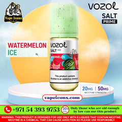 Vozol Salt-Nic Prime E-Liquid 20Mg & 50Mg Watermelon Ice e-liquid bottle centered on a stylized blue and yellow background with promotional text and warning labels.