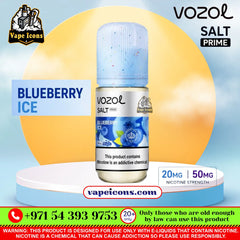 Vozol Salt-Nic Prime E-Liquid 20Mg & 50Mg Blueberry Ice e-liquid bottle centered on a stylized blue and white background with a yellow sun graphic. The bottle is light blue with a speckled cap and a blue-and-white label.