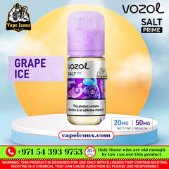 Vozol Salt-Nic Prime E-Liquid 20Mg & 50Mg Grape Ice e-liquid bottle on a white and blue pedestal with promotional text overlays, including 'Vape Icons' and product details.