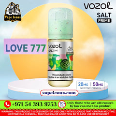 Vozol Salt-Nic Prime E-Liquid 20Mg & 50Mg Love 777 e-liquid bottle displayed on a white and blue pedestal with a yellow circular backdrop. The bottle has a mint green cap and a label featuring watermelon graphics.