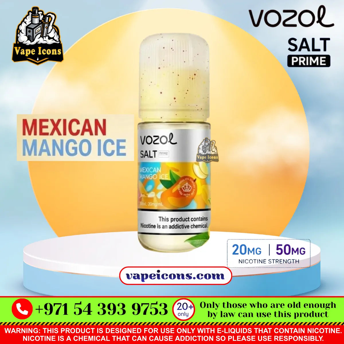 Vozol Salt-Nic Prime E-Liquid 20Mg & 50Mg Mexican Mango Ice e-liquid bottle displayed on a white and blue pedestal. The bottle features a clear cap with tiny speckles, a white and silver label with mango and lime graphics, and a clear base.