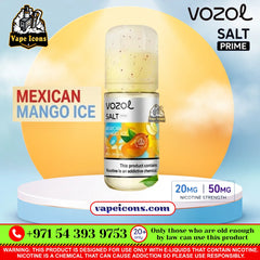 Vozol Salt-Nic Prime E-Liquid 20Mg & 50Mg Mexican Mango Ice e-liquid bottle displayed on a white and blue pedestal. The bottle features a clear cap with tiny speckles, a white and silver label with mango and lime graphics, and a clear base.