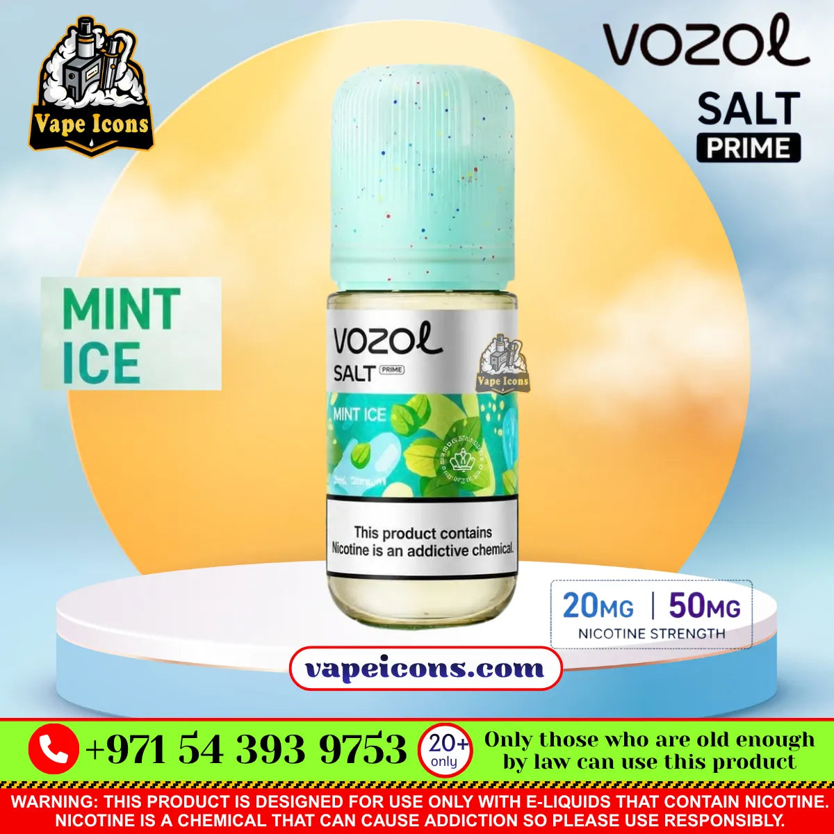 Vozol Salt-Nic Prime E-Liquid 20Mg & 50Mg Mint Ice e-liquid bottle displayed on a white and light blue pedestal. The bottle has a mint green cap and a white label with green kiwi graphics.