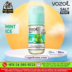 Vozol Salt-Nic Prime E-Liquid 20Mg & 50Mg Mint Ice e-liquid bottle displayed on a white and light blue pedestal. The bottle has a mint green cap and a white label with green kiwi graphics.