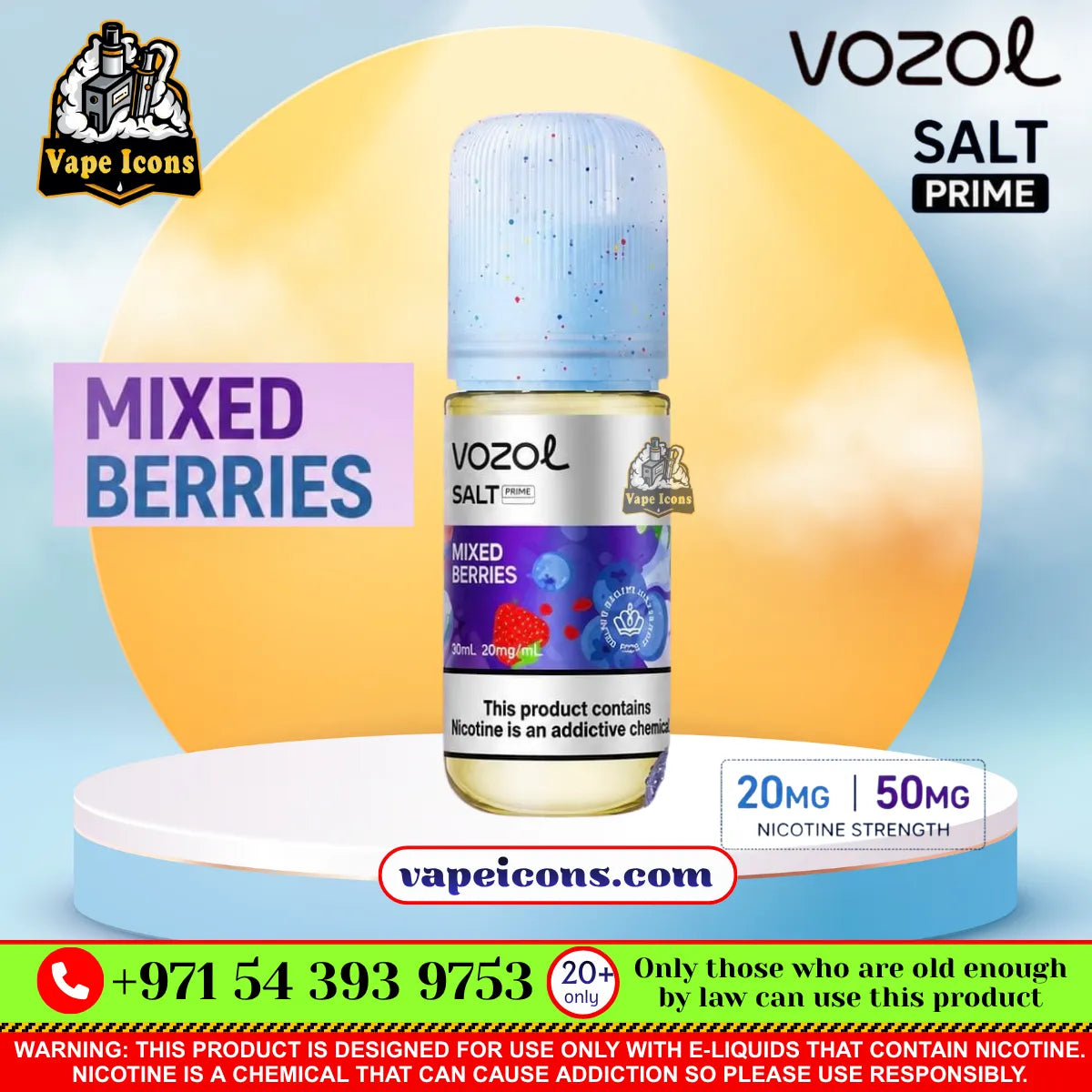 Vozol Salt-Nic Prime E-Liquid 20Mg & 50Mg Mixed Berries e-liquid bottle displayed on a white and light blue pedestal. The bottle has a light blue speckled cap and a label featuring blueberries and strawberries.