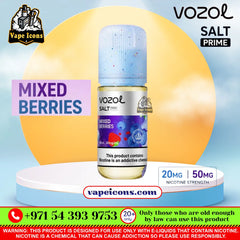 Vozol Salt-Nic Prime E-Liquid 20Mg & 50Mg Mixed Berries e-liquid bottle displayed on a white and light blue pedestal. The bottle has a light blue speckled cap and a label featuring blueberries and strawberries.