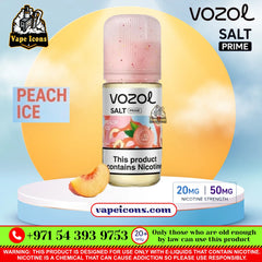 Vozol Salt-Nic Prime E-Liquid 20Mg & 50Mg Peach Ice e-liquid bottle on a white and blue display stand, featuring a peach slice prop, set against a light blue sky background with a yellow sun graphic. The Vape Icons logo is visible in the top left corner.