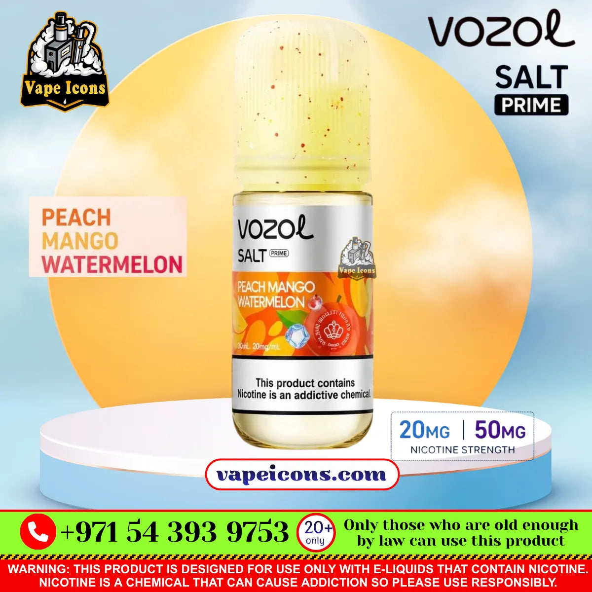 Vozol Salt-Nic Prime E-Liquid 20Mg & 50Mg Peach Mango Watermelon 30ml e-liquid bottle displayed on a white and blue pedestal with promotional text and branding.