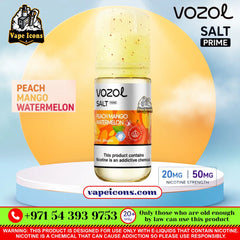 Vozol Salt-Nic Prime E-Liquid 20Mg & 50Mg Peach Mango Watermelon 30ml e-liquid bottle displayed on a white and blue pedestal with promotional text and branding.