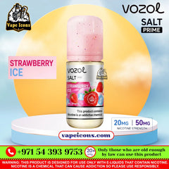 Vozol Salt-Nic Prime E-Liquid 20Mg & 50Mg Strawberry Ice e-liquid bottle displayed on a white and blue pedestal with a yellow circular backdrop. The bottle has a pink cap and a label featuring strawberries and ice cubes. Buy From Vape Icons In Best Price.