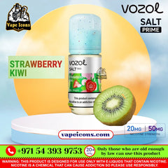 Vozol Salt-Nic Prime E-Liquid 20Mg & 50Mg Strawberry Kiwi 30ml e-liquid bottle with a light blue cap, displayed on a white pedestal with a sliced kiwi fruit and a yellow circular backdrop. The image features multiple text overlays, brand logos, and warning labels.