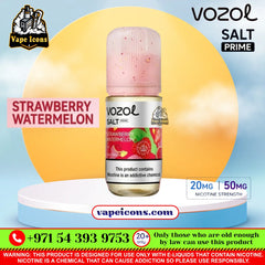 Vozol Salt-Nic Prime E-Liquid 20Mg & 50Mg Strawberry Watermelon 30ml e-liquid in a 10ml bottle, displayed on a white and light blue pedestal. The background is a soft blue sky with a large yellow sun graphic.