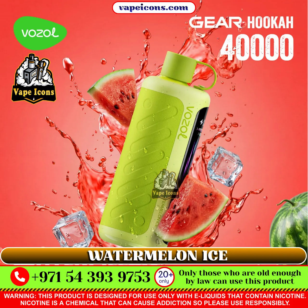 VOZOL Gear Hookah 40k Puffs Rechargeable Disposable vape device with watermelon ice flavor on a red background, featuring Vozol and Vape Icons logos.