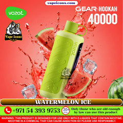 VOZOL Gear Hookah 40k Puffs Rechargeable Disposable vape device with watermelon ice flavor on a red background, featuring Vozol and Vape Icons logos.