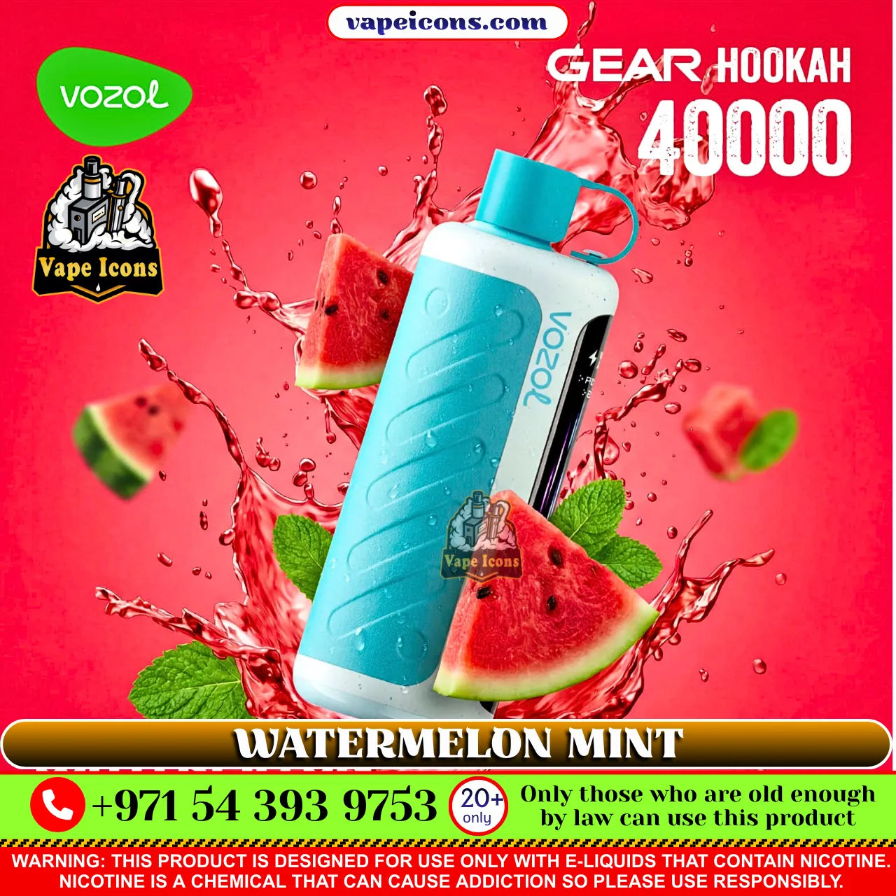 VOZOL Gear Hookah 40k Puffs Rechargeable Disposable vape device with watermelon mint flavor on a vibrant red background