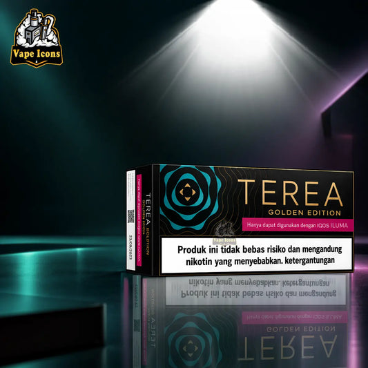 A dramatic spotlight shining on a black and gold box of IQOS TEREA Golden Edition Indonesian tobacco sticks for IQOS ILUMA, presented by Vape Icons.   