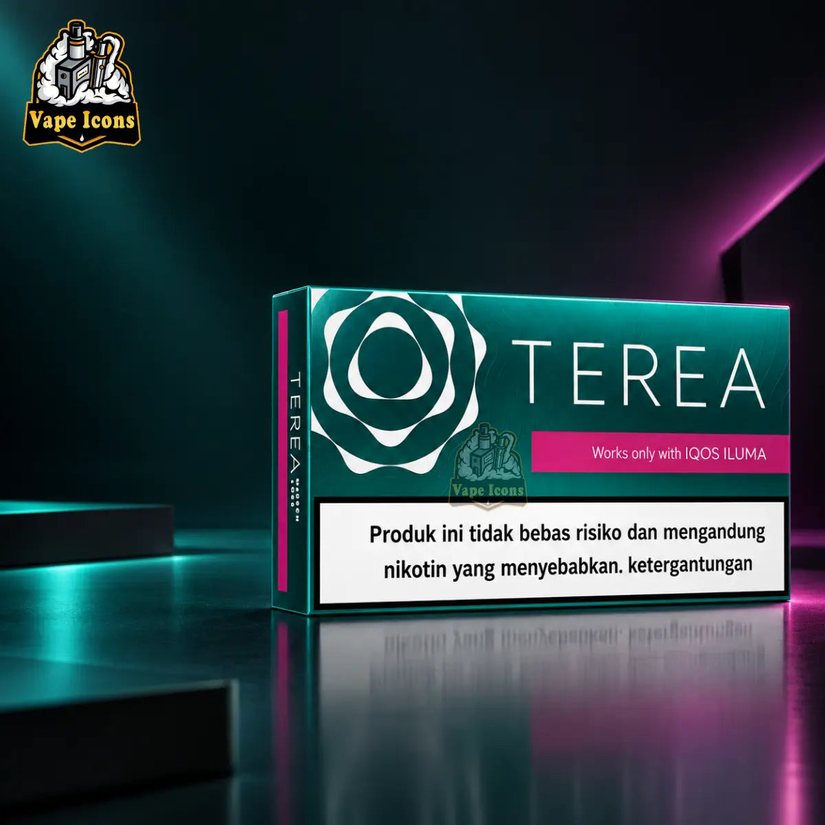 TEREA Black Green Indonesia pack for IQOS ILUMA on dark reflective background