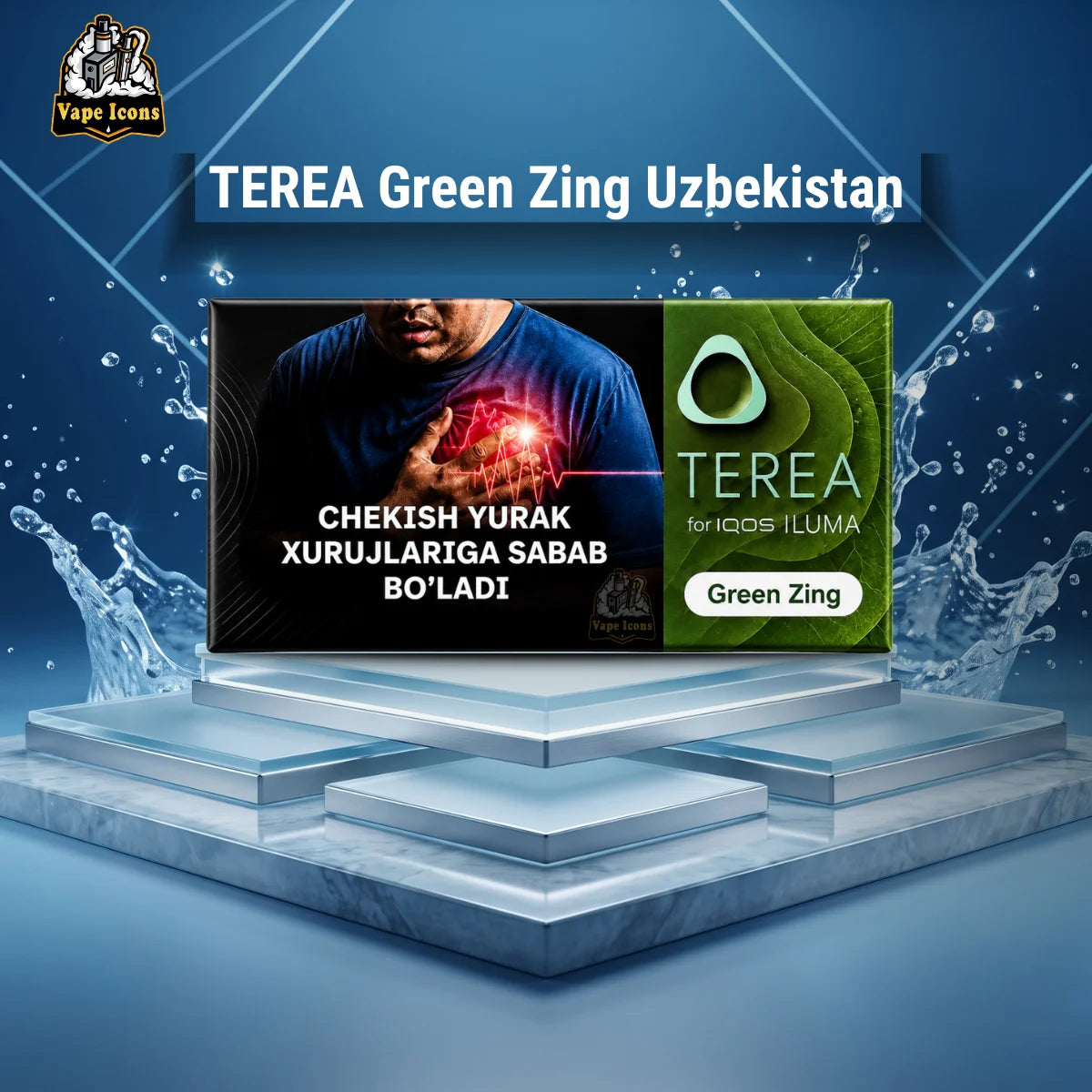 TEREA Green Zing Uzbekistan Heets with Blue Water Splash Effect - IQOS ILUMA | Vape Icons
