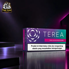 A dramatic spotlight shining on a red box of IQOS TEREA Sienna Indonesian tobacco sticks for IQOS ILUMA, presented by Vape Icons.
