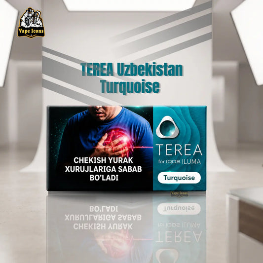 TEREA Turquoise Uzbekistan pack for IQOS ILUMA on a blue water-themed display