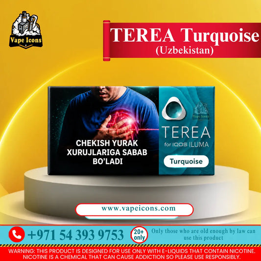 TEREA Turquoise Uzbekistan heated tobacco pack for IQOS ILUMA on a yellow display