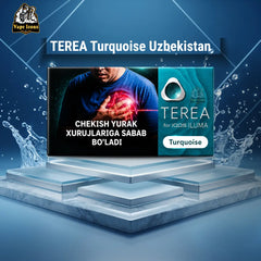 TEREA Uzbekistan Turquoise pack for IQOS ILUMA displayed in a modern white showroom