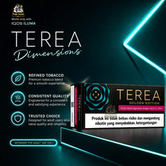 Vape Icons promotional graphic for IQOS TEREA Golden Edition Indonesian detailing its trusted quality on a dark display with neon light accents.